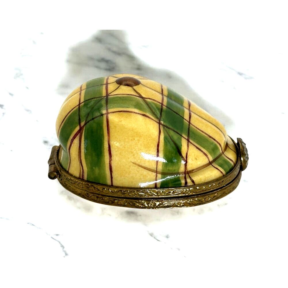 Limoges Men's Golfing Cap Trinket Box Gold and Green Stripes Porcelain France